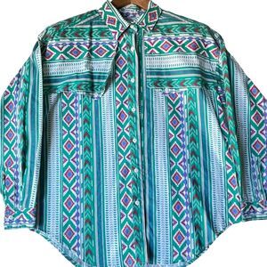 Vintage Side Saddle Womens Aztec Print Western Shirt Green Rodeo SIZE MEDIUM